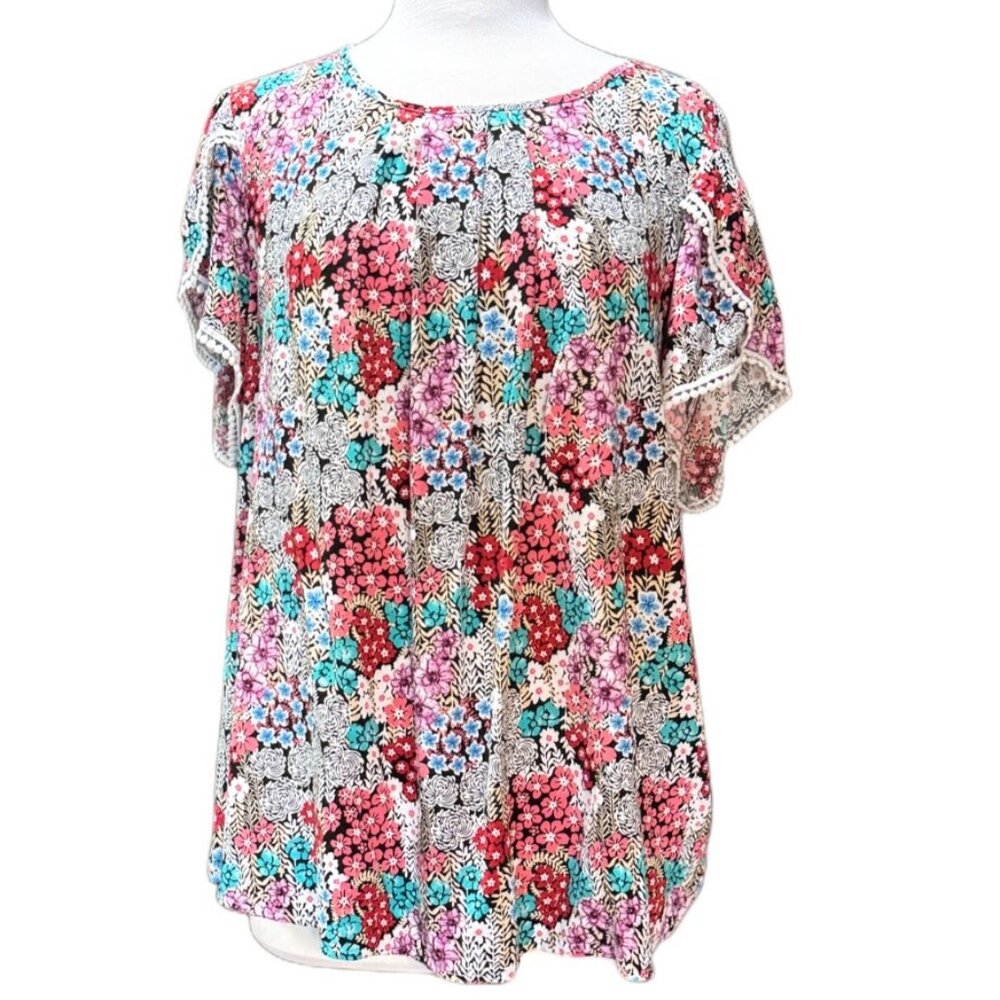 Colorful Floral Blouse Short Sleeve Top Flowy Red Teal Black 2XL Cottagecore
